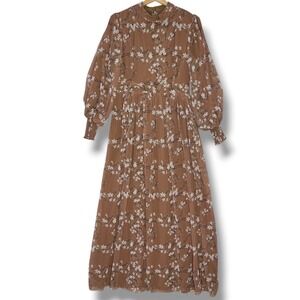 Brown Floral Chiffon Mock Neck Maxi Dress Women's S Long Sleeve Boho Cottage New